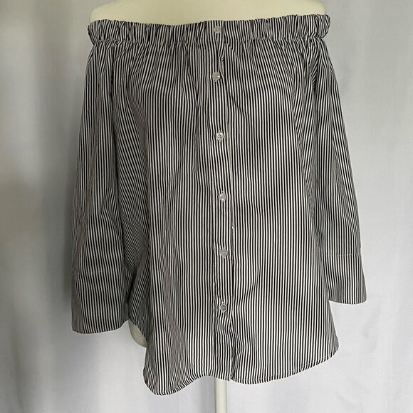 KONTROL Off the Shoulder Navy & White Striped 3/4 Sleeve Blouse Size Medium - Picture 1 of 10